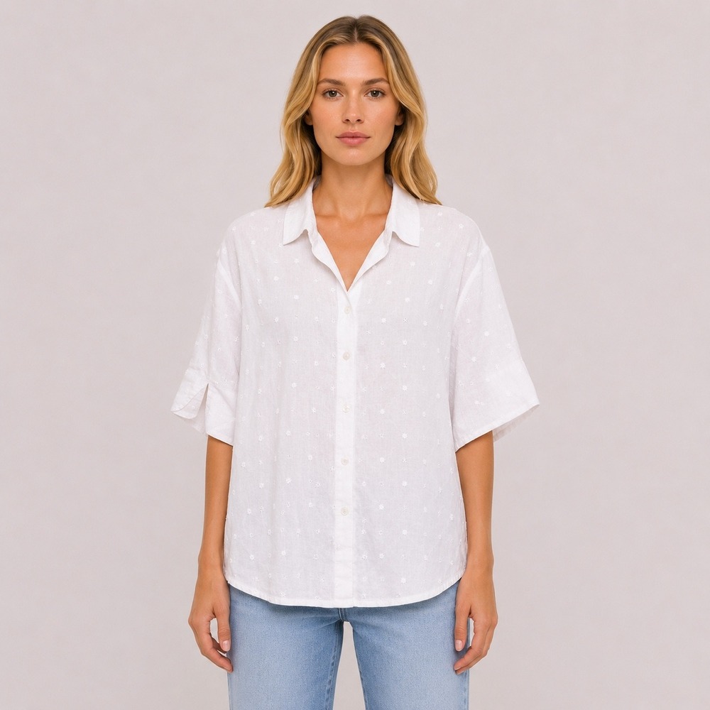 Ishyu Womens White Linen Floral Embroidered Button-Front Shirt Blouse 3/4 Sleeve
